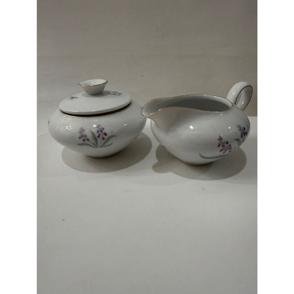 R KPM Krister Germany White Porcelain Creamer Sugar Bowl Tea Set Purple Floral